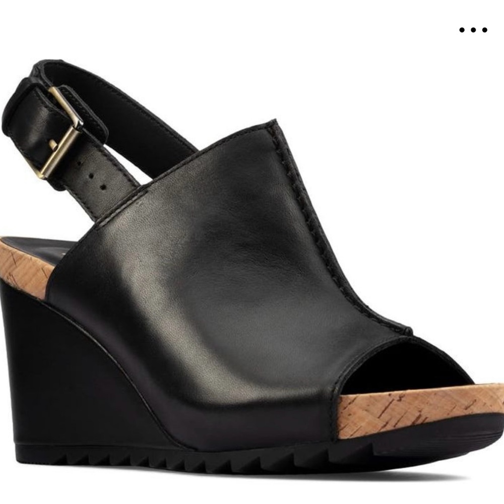 Clarks Black Leather Flex Stitch Wedge Heels